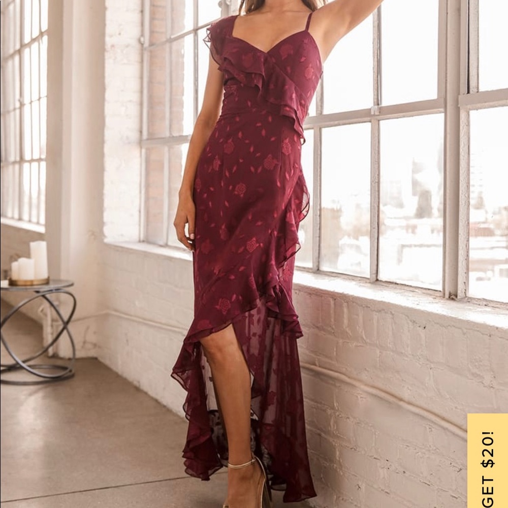 Forever Be Burgundy Floral Jacquard Ruffled Maxi Dress